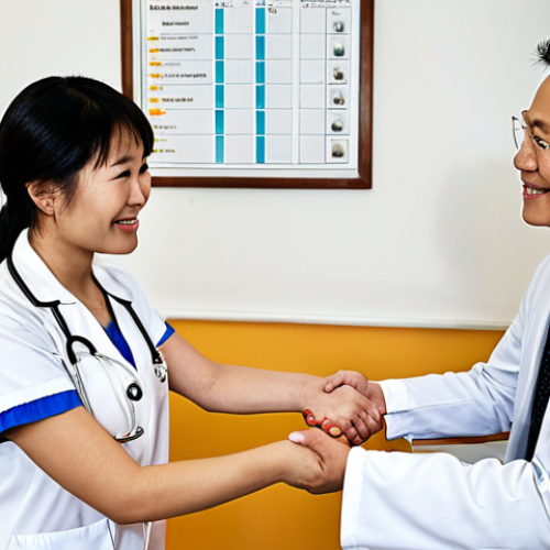 Home 4 **
A friendly German "Hausarzt" (family doctor) shaking hands with a Vietnamese patient in their office. The doctor's office is clean and modern, with medical charts and diplomas visible in the background. The patient is holding their "Krankenversicherungskarte" (health insurance card).
**