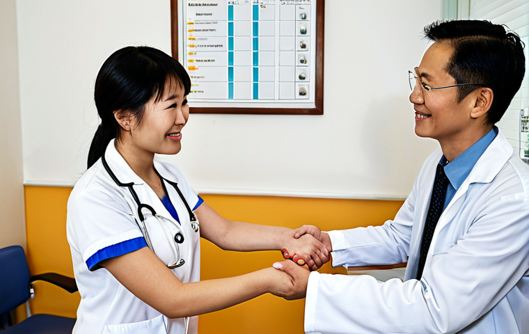 **

A friendly German "Hausarzt" (family doctor) shaking hands with a Vietnamese patient in their office. The doctor's office is clean and modern, with medical charts and diplomas visible in the background. The patient is holding their "Krankenversicherungskarte" (health insurance card).

**