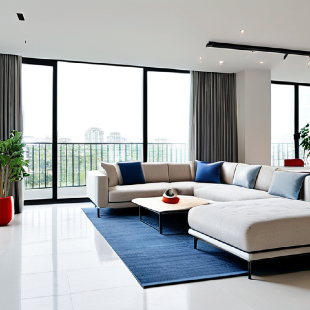 A contemporary, minimalist interior living space in a bright, sunlit apartment in a modern Vietnamese city. The room features an open-plan layout with large, clear glass windows, offering a view of urban greenery. Furniture includes sleek, functional pieces made from polished steel tubing and light wood, such as a simple, elegant chair and a minimalist coffee table. Walls are painted in clean white, with subtle accents of primary red and blue in decorative elements like a small vase or a throw pillow, reflecting the Bauhaus color palette. The space emphasizes clean lines, geometric shapes, and natural light, creating a serene and functional environment. The overall aesthetic is professional, modern, and inviting. fully clothed, modest clothing, appropriate attire, professional dress, safe for work, appropriate content, family-friendly, perfect anatomy, correct proportions, natural pose, well-formed hands, proper finger count, natural body proportions, high quality photography.