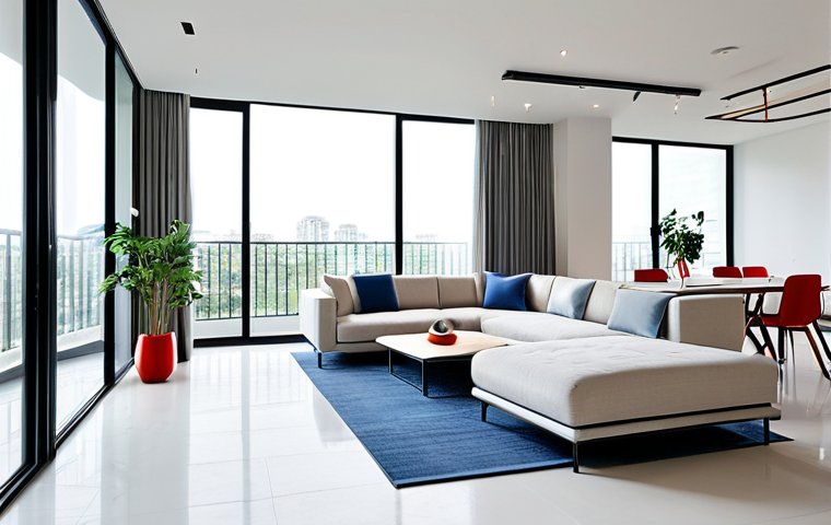 A contemporary, minimalist interior living space in a bright, sunlit apartment in a modern Vietnamese city. The room features an open-plan layout with large, clear glass windows, offering a view of urban greenery. Furniture includes sleek, functional pieces made from polished steel tubing and light wood, such as a simple, elegant chair and a minimalist coffee table. Walls are painted in clean white, with subtle accents of primary red and blue in decorative elements like a small vase or a throw pillow, reflecting the Bauhaus color palette. The space emphasizes clean lines, geometric shapes, and natural light, creating a serene and functional environment. The overall aesthetic is professional, modern, and inviting. fully clothed, modest clothing, appropriate attire, professional dress, safe for work, appropriate content, family-friendly, perfect anatomy, correct proportions, natural pose, well-formed hands, proper finger count, natural body proportions, high quality photography.