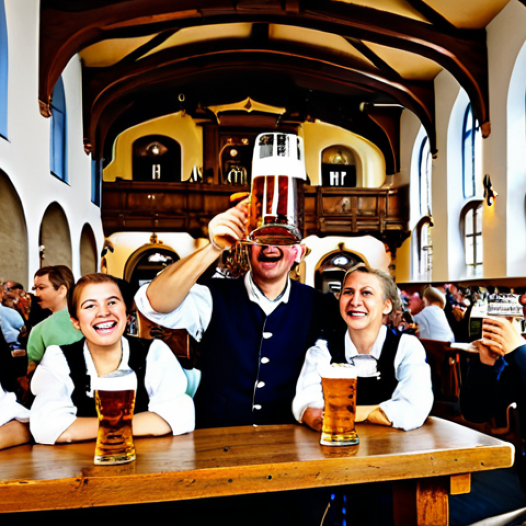 A vibrant and lively scene inside the main hall of Hofbräuhaus, Munich. A diverse group of adults, including locals in traditional Bavarian Dirndl and Lederhosen, and tourists in casual, modest clothing, are seated at large, rustic wooden tables. They are seen clinking their giant Maß beer mugs, laughing, and engaged in spirited conversation, while an authentic oompah band plays traditional Bavarian music in the background. The hall features high, vaulted ceilings, historical architecture, and warm, inviting lighting. All subjects are fully clothed in appropriate attire, displaying perfect anatomy, correct proportions, natural poses, well-formed hands, and proper finger count. Professional photography, high resolution, detailed, safe for work, appropriate content, family-friendly.