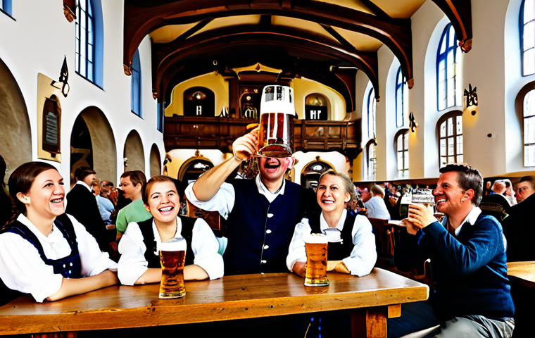A vibrant and lively scene inside the main hall of Hofbräuhaus, Munich. A diverse group of adults, including locals in traditional Bavarian Dirndl and Lederhosen, and tourists in casual, modest clothing, are seated at large, rustic wooden tables. They are seen clinking their giant Maß beer mugs, laughing, and engaged in spirited conversation, while an authentic oompah band plays traditional Bavarian music in the background. The hall features high, vaulted ceilings, historical architecture, and warm, inviting lighting. All subjects are fully clothed in appropriate attire, displaying perfect anatomy, correct proportions, natural poses, well-formed hands, and proper finger count. Professional photography, high resolution, detailed, safe for work, appropriate content, family-friendly.