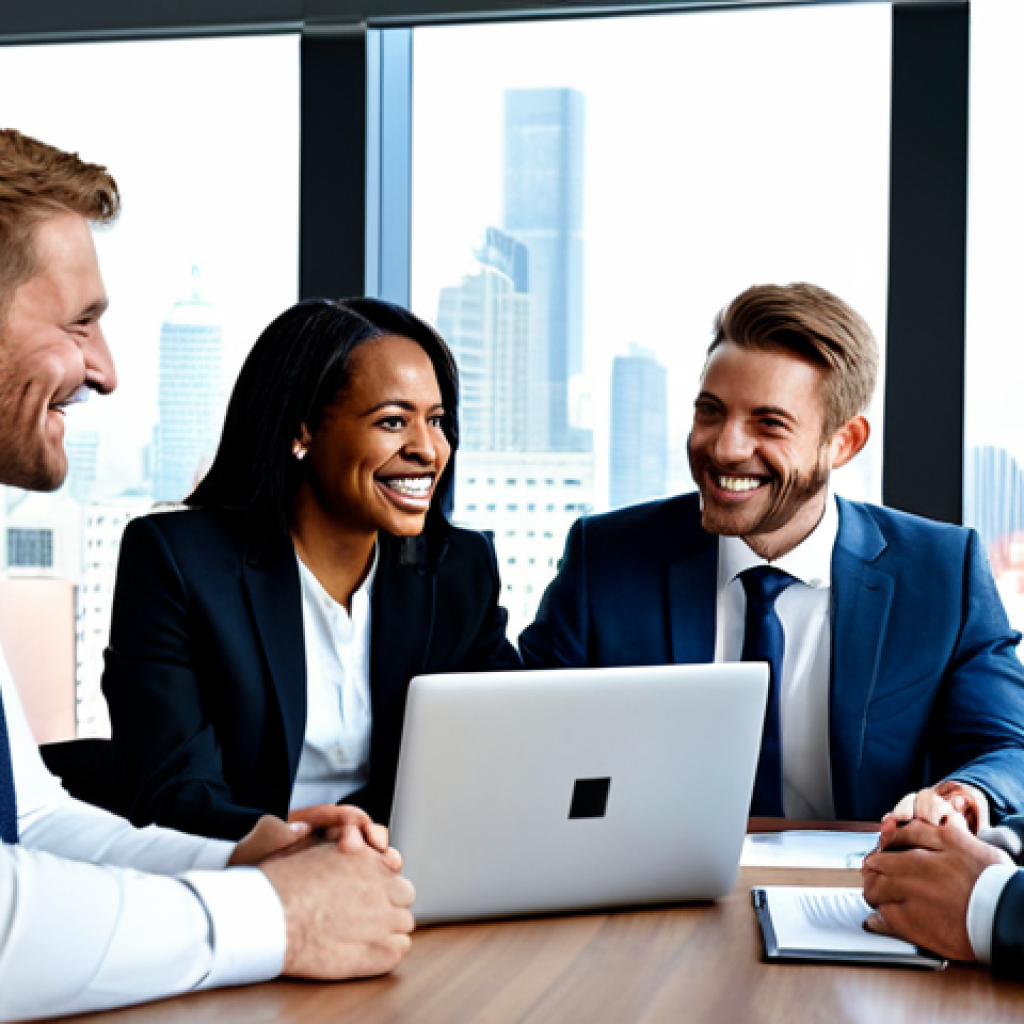 **

A diverse group of professionals in business attire, fully clothed, are gathered around a table in a modern office. They are smiling and engaged in a discussion, with documents and laptops visible. The atmosphere is collaborative and friendly. "Safe for work," "appropriate content," "fully clothed," "professional", "perfect anatomy", "correct proportions", "natural pose", "well-formed hands", "proper finger count", "natural body proportions". The background includes a cityscape visible through the window.

**
