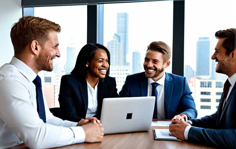 **

A diverse group of professionals in business attire, fully clothed, are gathered around a table in a modern office. They are smiling and engaged in a discussion, with documents and laptops visible. The atmosphere is collaborative and friendly. "Safe for work," "appropriate content," "fully clothed," "professional", "perfect anatomy", "correct proportions", "natural pose", "well-formed hands", "proper finger count", "natural body proportions". The background includes a cityscape visible through the window.

**