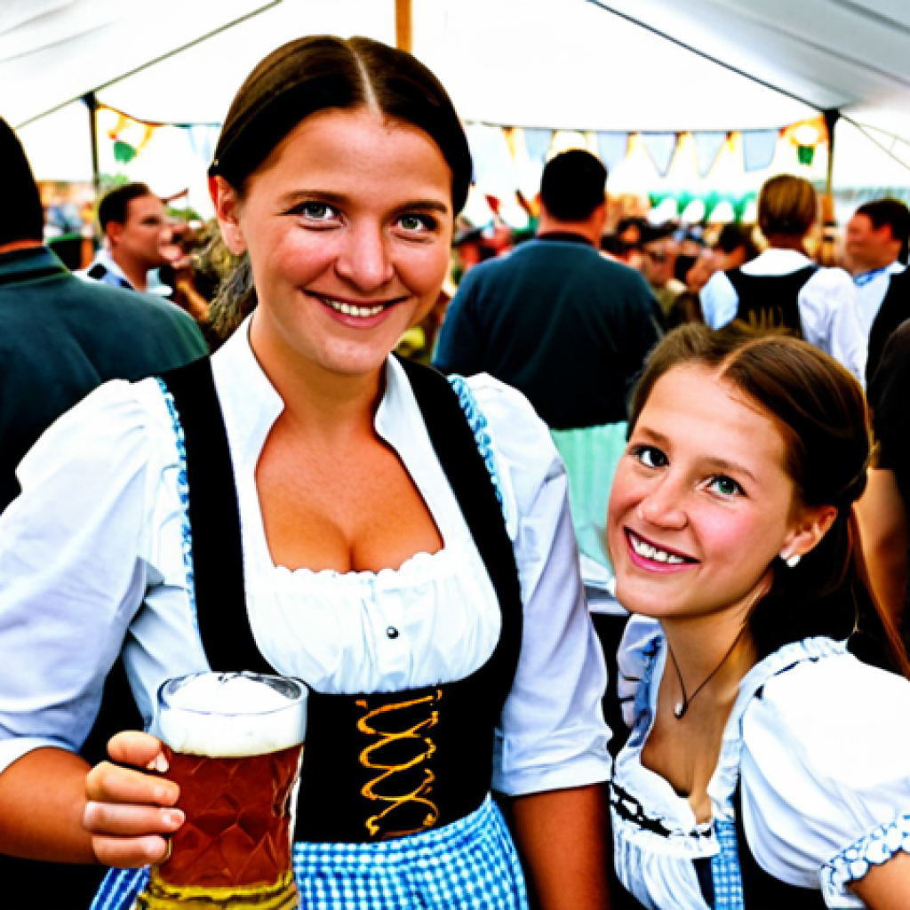 Oktoberfest Scene**

"A vibrant and bustling Oktoberfest celebration in Munich, Germany. People are enjoying large mugs of beer (Mass), dressed in traditional Bavarian attire (Dirndl and Lederhosen), fully clothed. Food stalls offer Weisswurst and Brezel. Background includes traditional tents and festive decorations. Safe for work, appropriate content, perfect anatomy, correct proportions, professional photography, high quality, family-friendly."

**