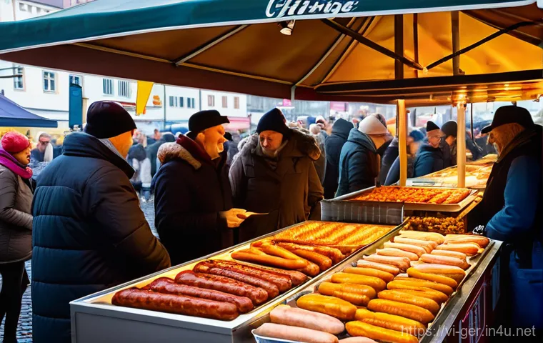 독일 소시지 종류 - **Prompt 1: Vibrant German Sausage Market Scene**
    "A bustling, colorful traditional German marke...