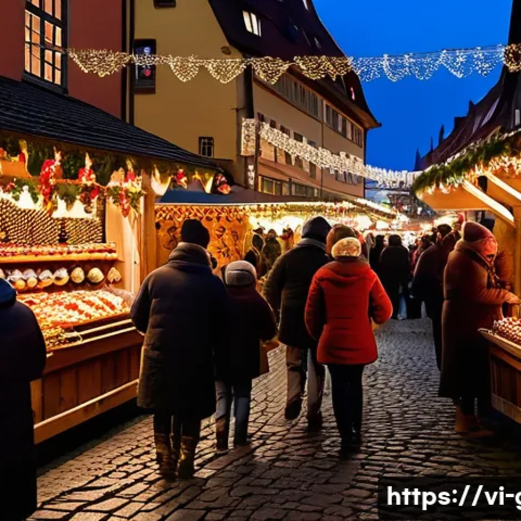 독일에서 연말연시 보내는 방법 - A bustling traditional German Christmas market scene at dusk in Nuremberg, featuring wide open space...