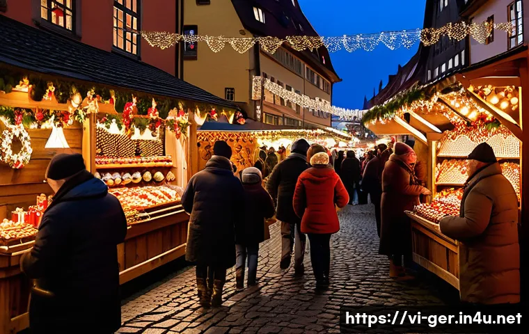 독일에서 연말연시 보내는 방법 - A bustling traditional German Christmas market scene at dusk in Nuremberg, featuring wide open space...