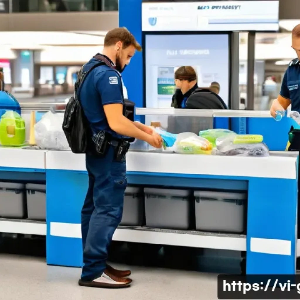 독일의 공항 이용 팁 - A busy German airport security checkpoint scene showing diverse travelers preparing for screening: a...