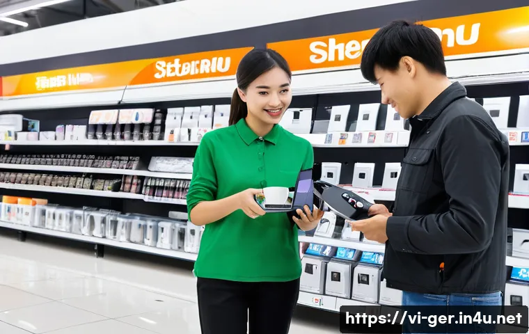 독일에서 전자제품 구매 시 고려할 점 - A detailed scene inside a German electronics store showcasing a diverse range of electronic devices ...