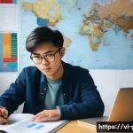 독일에서 박사 과정 지원하기 - A focused Vietnamese graduate student sitting at a modern study desk cluttered with academic books a...