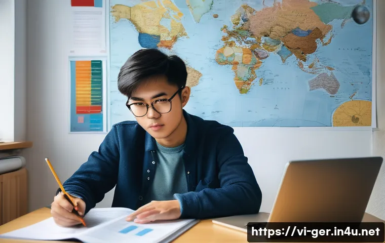 독일에서 박사 과정 지원하기 - A focused Vietnamese graduate student sitting at a modern study desk cluttered with academic books a...