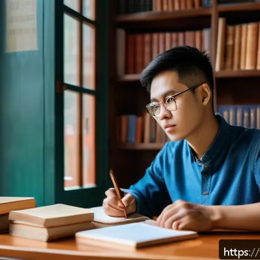 독일 철학자와 사상 비교 - A thoughtful Vietnamese university student in casual modern clothing sitting at a wooden desk filled...