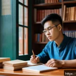 독일 철학자와 사상 비교 - A thoughtful Vietnamese university student in casual modern clothing sitting at a wooden desk filled...