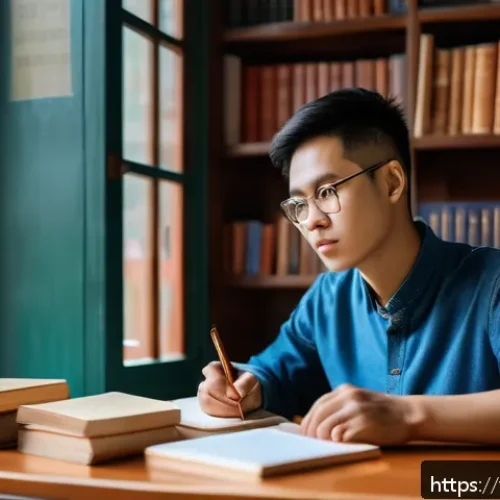 독일 철학자와 사상 비교 - A thoughtful Vietnamese university student in casual modern clothing sitting at a wooden desk filled...