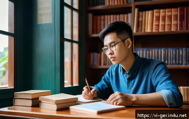독일 철학자와 사상 비교 - A thoughtful Vietnamese university student in casual modern clothing sitting at a wooden desk filled...