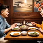 독일에서 한국 음식 찾기 - A cozy Korean restaurant interior in Berlin, warmly lit with wooden tables and traditional Korean de...