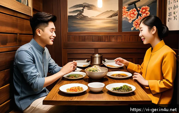 독일에서 한국 음식 찾기 - A cozy Korean restaurant interior in Berlin, warmly lit with wooden tables and traditional Korean de...