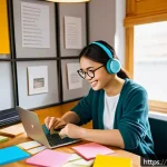 독일어 배우기 팁 - A cozy home study scene featuring a young Vietnamese adult sitting at a wooden desk surrounded by Ge...