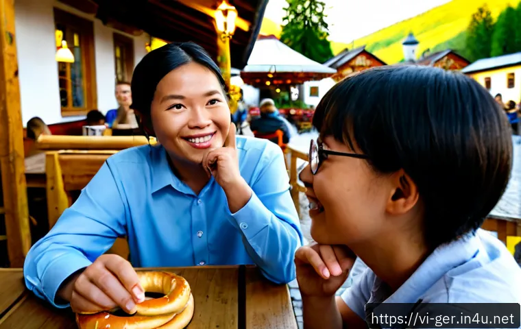 Home 17 독일의 지역별 방언 - Photorealistic travel scene in a cozy traditional Bavarian beer garden in southern Germany, a friend...