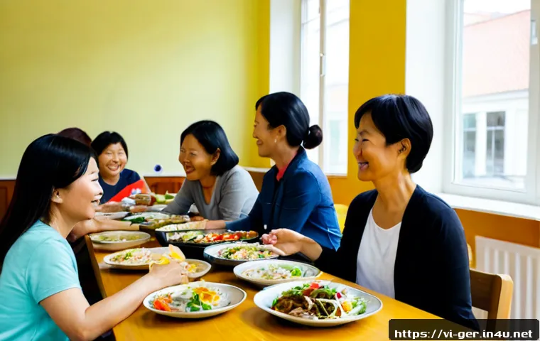 Home 17 독일 내 한인 커뮤니티 - Photorealistic community gathering in a bright Berlin cultural center, Korean families and Vietnames...